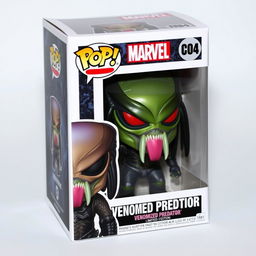 A detailed depiction of a Funko Pop vinyl figure of a Venomized Predator, showcasing the character's unique blend of both Marvel's Venom and the Predator from the iconic franchise
