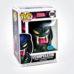 A detailed depiction of a Funko Pop vinyl figure of a Venomized Predator, showcasing the character's unique blend of both Marvel's Venom and the Predator from the iconic franchise