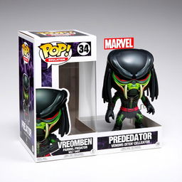 A detailed depiction of a Funko Pop vinyl figure of a Venomized Predator, showcasing the character's unique blend of both Marvel's Venom and the Predator from the iconic franchise