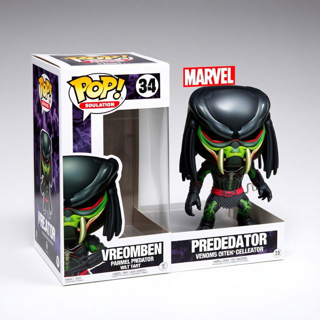 A detailed depiction of a Funko Pop vinyl figure of a Venomized Predator, showcasing the character's unique blend of both Marvel's Venom and the Predator from the iconic franchise