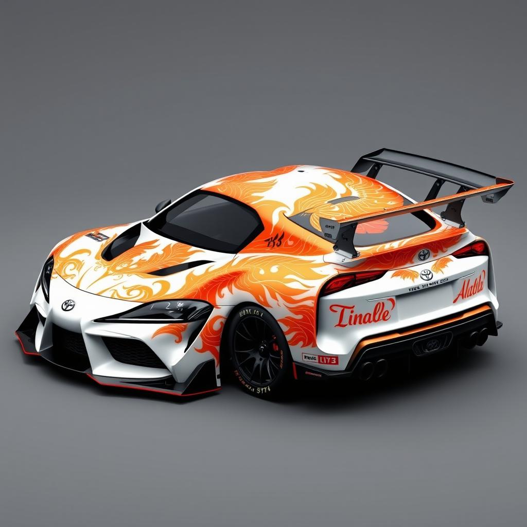 A stunning white base livery design for a Toyota Supra Gr3 featuring intricate patterns in orange and black, creatively shaped to resemble a majestic phoenix