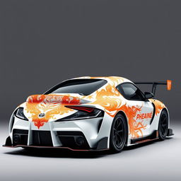 A stunning white base livery design for a Toyota Supra Gr3 featuring intricate patterns in orange and black, creatively shaped to resemble a majestic phoenix
