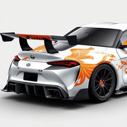 A stunning white base livery design for a Toyota Supra Gr3 featuring intricate patterns in orange and black, creatively shaped to resemble a majestic phoenix