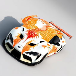 A stunning white base livery design for a Toyota Supra Gr3 featuring intricate patterns in orange and black, creatively shaped to resemble a majestic phoenix