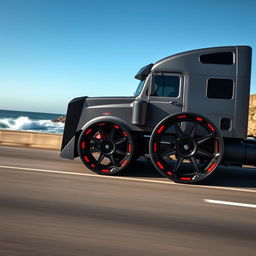 An impressive image of custom cutting-edge rims and wheels designed for a semi-truck, showcasing an innovative and bold style