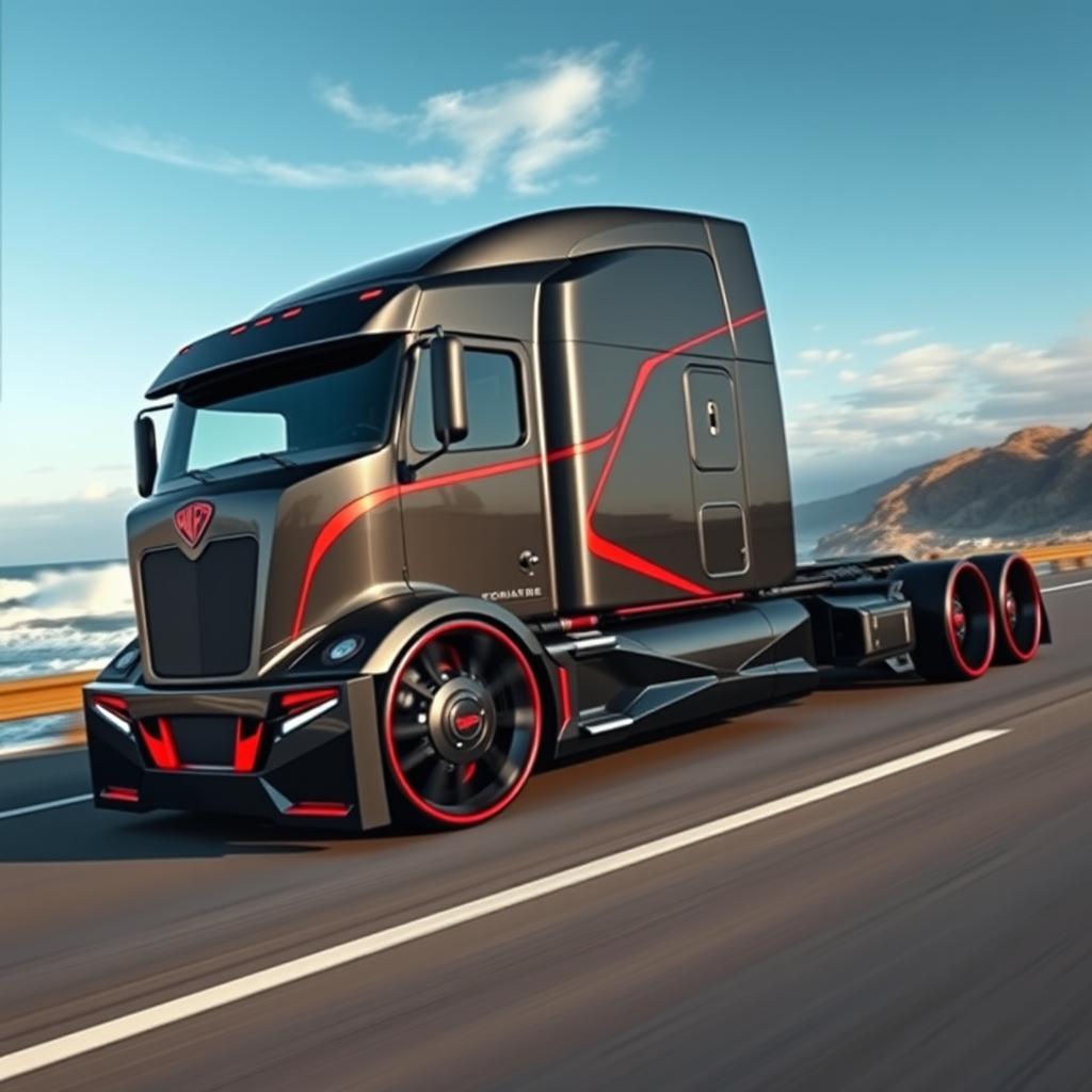 An impressive image of custom cutting-edge rims and wheels designed for a semi-truck, showcasing an innovative and bold style