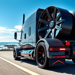 An impressive image of custom cutting-edge rims and wheels designed for a semi-truck, showcasing an innovative and bold style