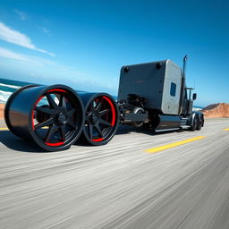 An impressive image of custom cutting-edge rims and wheels designed for a semi-truck, showcasing an innovative and bold style