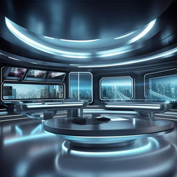 An 8K resolution background for a futuristic TV anchor's studio, incorporating design details from the architecture shown in the provided link.