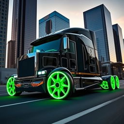 A striking image of custom cutting-edge rims and wheels inspired by Lamborghini, designed for a semi-truck