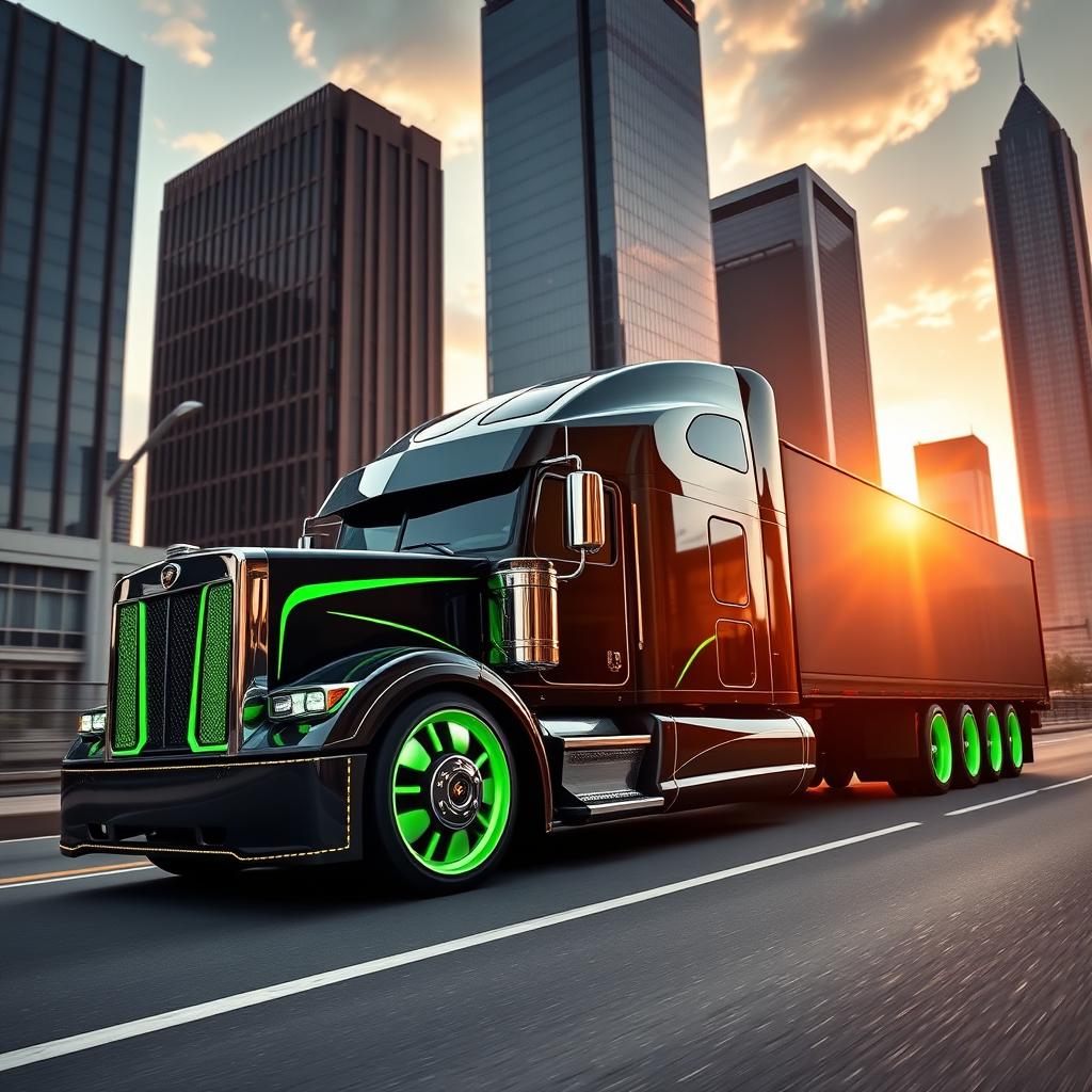 A striking image of custom cutting-edge rims and wheels inspired by Lamborghini, designed for a semi-truck