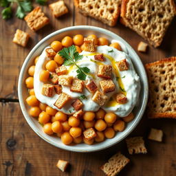 A vibrant and appetizing dish of Fattah with whole chickpeas, topped with creamy yogurt