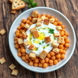 A vibrant and appetizing dish of Fattah with whole chickpeas, topped with creamy yogurt