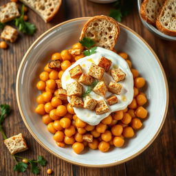 A vibrant and appetizing dish of Fattah with whole chickpeas, topped with creamy yogurt