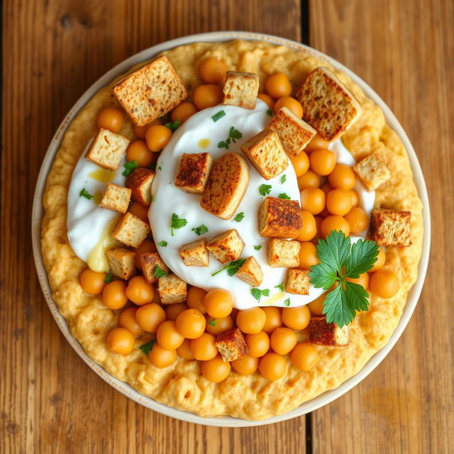 A vibrant and appetizing dish of Fattah with whole chickpeas, topped with creamy yogurt