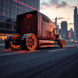 A stunning image of custom cutting-edge rims and wheels inspired by Lamborghini, designed for a semi-truck