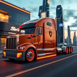 A stunning image of custom cutting-edge rims and wheels inspired by Lamborghini, designed for a semi-truck