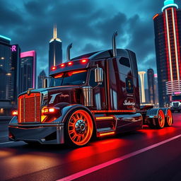 A stunning image of custom cutting-edge rims and wheels inspired by Lamborghini, designed for a semi-truck