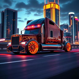 A stunning image of custom cutting-edge rims and wheels inspired by Lamborghini, designed for a semi-truck