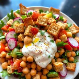 A delicious plate of Lebanese Fattoush featuring whole chickpeas mixed with creamy yogurt, topped with small crunchy toasted whole wheat bread pieces