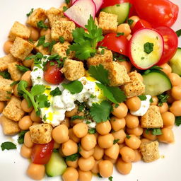 A delicious plate of Lebanese Fattoush featuring whole chickpeas mixed with creamy yogurt, topped with small crunchy toasted whole wheat bread pieces
