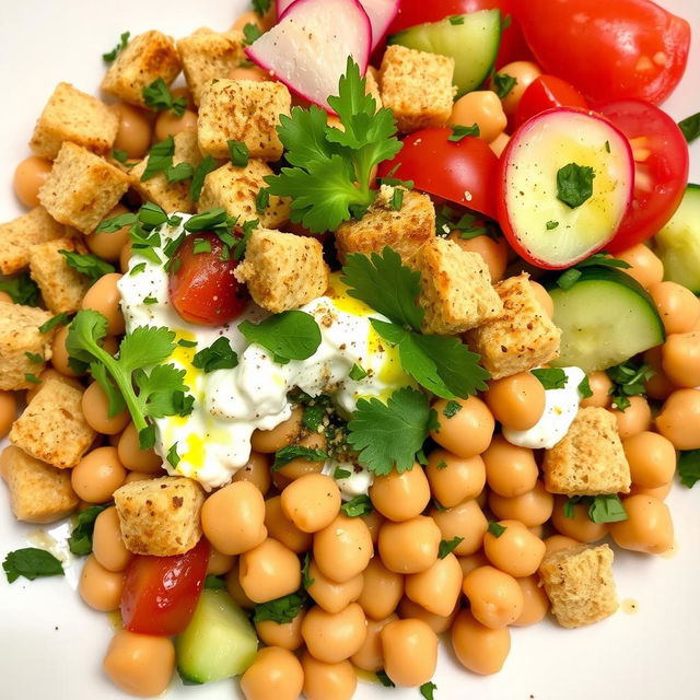 A delicious plate of Lebanese Fattoush featuring whole chickpeas mixed with creamy yogurt, topped with small crunchy toasted whole wheat bread pieces