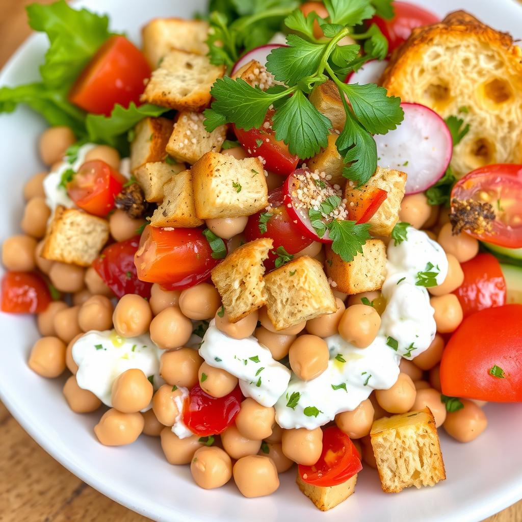 A delicious plate of Lebanese Fattoush featuring whole chickpeas mixed with creamy yogurt, topped with small crunchy toasted whole wheat bread pieces