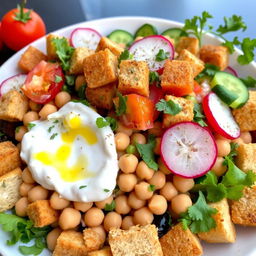 A delicious plate of Lebanese Fattoush featuring whole chickpeas mixed with creamy yogurt, topped with small crunchy toasted whole wheat bread pieces