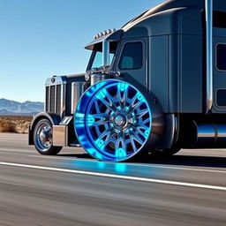 A dynamic image of custom cutting-edge Pogoni rims and wheels designed specifically for a semi-truck