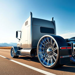 A dynamic image of custom cutting-edge Pogoni rims and wheels designed specifically for a semi-truck