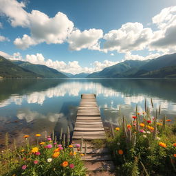 A serene landscape featuring a tranquil lake surrounded by lush green mountains under a blue sky with fluffy white clouds