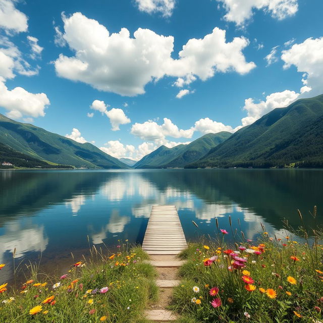 A serene landscape featuring a tranquil lake surrounded by lush green mountains under a blue sky with fluffy white clouds