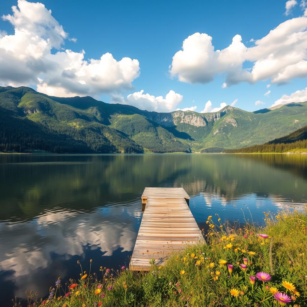 A serene landscape featuring a tranquil lake surrounded by lush green mountains under a blue sky with fluffy white clouds