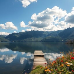 A serene landscape featuring a tranquil lake surrounded by lush green mountains under a blue sky with fluffy white clouds