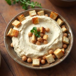 A delicious plate of fattet hummus, featuring a generous serving of creamy yogurt mixed with whole chickpeas and small, toasted pieces of whole wheat bread