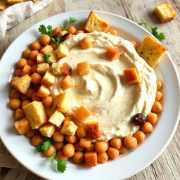 A delicious plate of fattet hummus, featuring a generous serving of creamy yogurt mixed with whole chickpeas and small, toasted pieces of whole wheat bread