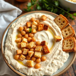 A delicious plate of fattet hummus, featuring a generous serving of creamy yogurt mixed with whole chickpeas and small, toasted pieces of whole wheat bread