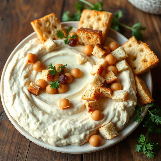 A delicious plate of fattet hummus, featuring a generous serving of creamy yogurt mixed with whole chickpeas and small, toasted pieces of whole wheat bread