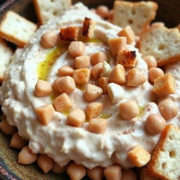 A delicious serving of Fattah Hummus made with whole chickpeas mixed with creamy yogurt, topped with small, toasted pieces of wheat bread
