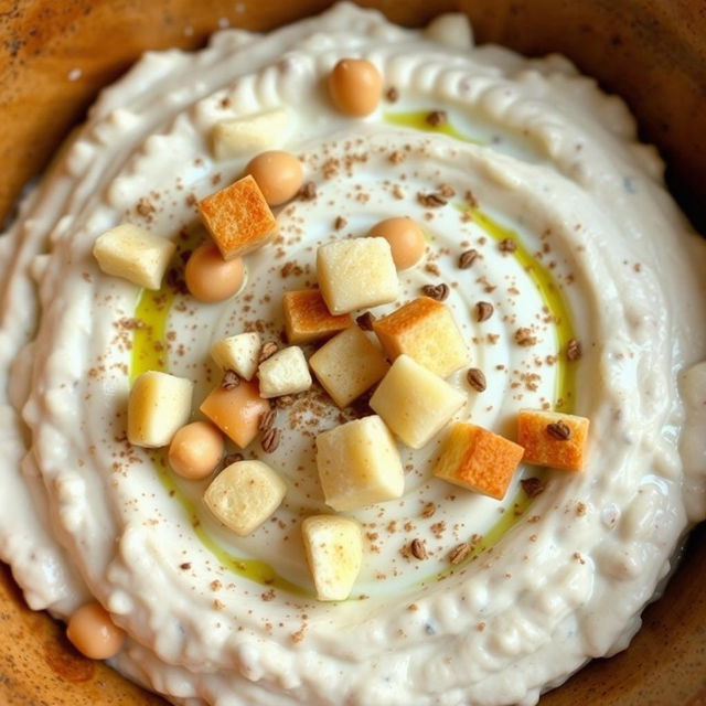 A delicious serving of Fattah Hummus made with whole chickpeas mixed with creamy yogurt, topped with small, toasted pieces of wheat bread