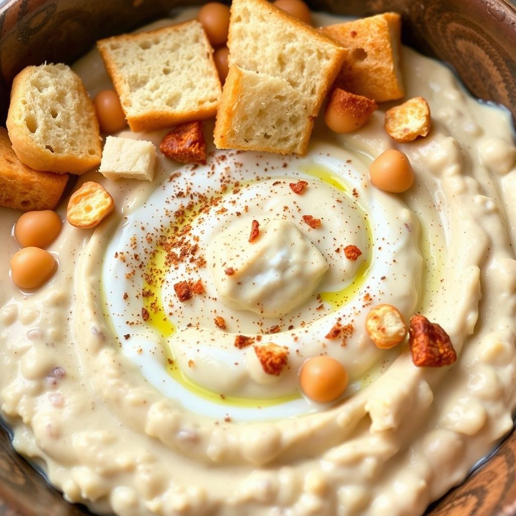 A delicious serving of Fattah Hummus made with whole chickpeas mixed with creamy yogurt, topped with small, toasted pieces of wheat bread