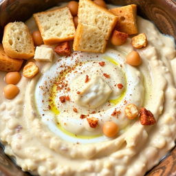 A delicious serving of Fattah Hummus made with whole chickpeas mixed with creamy yogurt, topped with small, toasted pieces of wheat bread