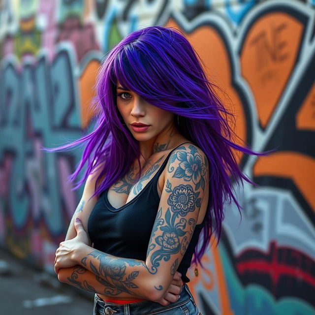 A skinny girl with vibrant purple hair and intricate tattoos adorning her arms and shoulders