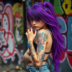 A skinny girl with vibrant purple hair and intricate tattoos adorning her arms and shoulders