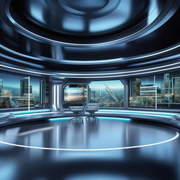 An 8K resolution background for a futuristic TV anchor's studio, incorporating design details from the architecture shown in the provided link.