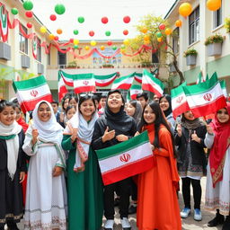 A vibrant and inspiring scene depicting Iranian students participating in a national unity event at school