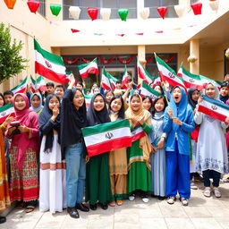 A vibrant and inspiring scene depicting Iranian students participating in a national unity event at school