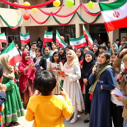 A vibrant and inspiring scene depicting Iranian students participating in a national unity event at school