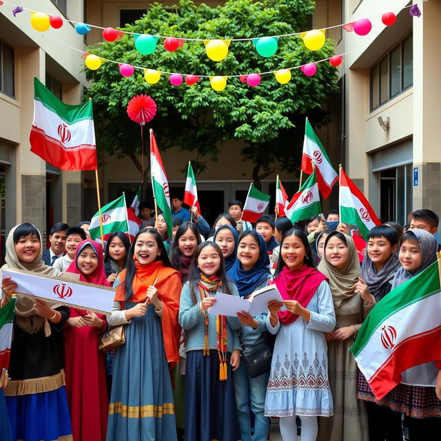 A vibrant and inspiring scene depicting Iranian students participating in a national unity event at school