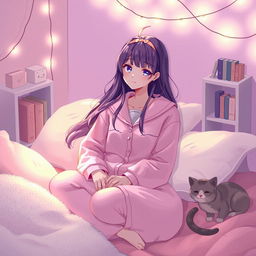 A girl wearing a cozy pink night suit, sitting comfortably in a softly lit room